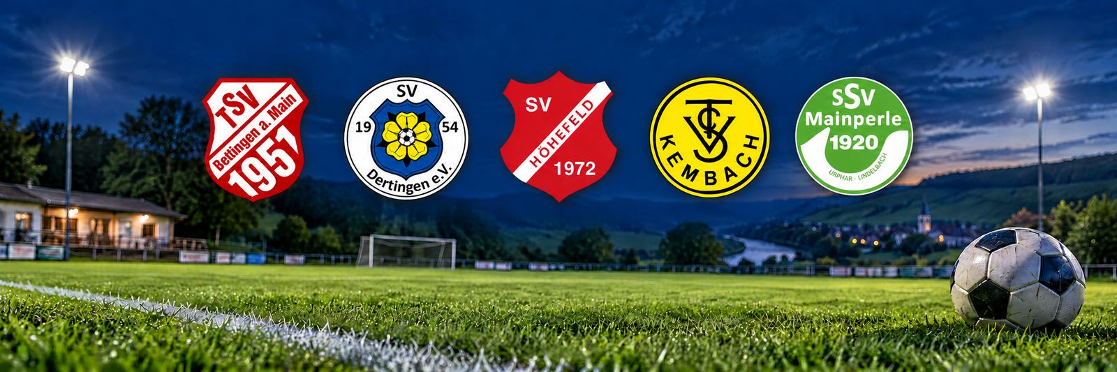 Flutlicht-Sportplatz am Main mit den Wappen der fünf Stammvereine: TSV Bettingen, SV Dertingen, SV Höhefeld, TSV Kembach und SSV Mainperle Urphar-Lindelbach